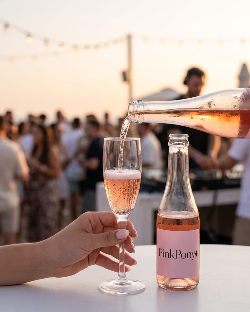 A beach club table at golden hour with a pink-label bottle and a glass of sparkling rosé