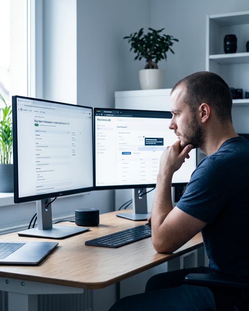 A software developer at a dual-monitor workstation reviewing a detailed bug report