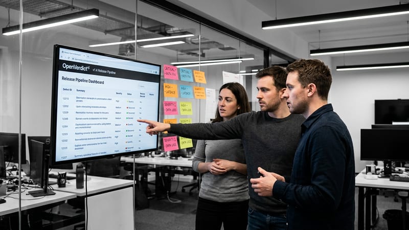 QA engineers reviewing test artifacts and a defect log on a shared screen