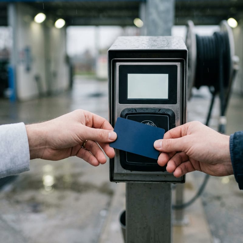 Mână care ține un card în dreptul aparatului de plată din box