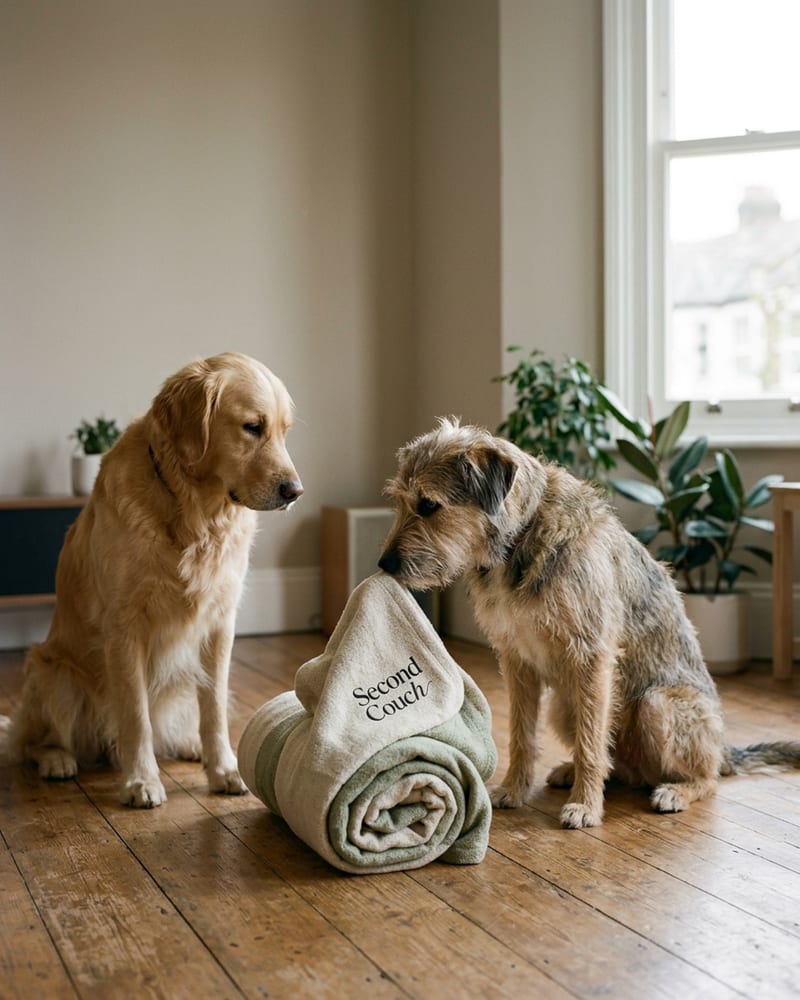 Dogs at gentle play on a wood floor in a home, relaxed and unhurried in natural window light