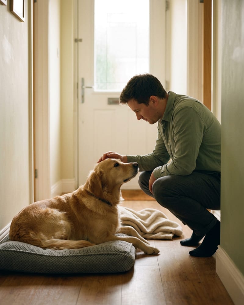 A calm, settled dog on a dog bed by the entryway of a home, ready to go home at the end of the day