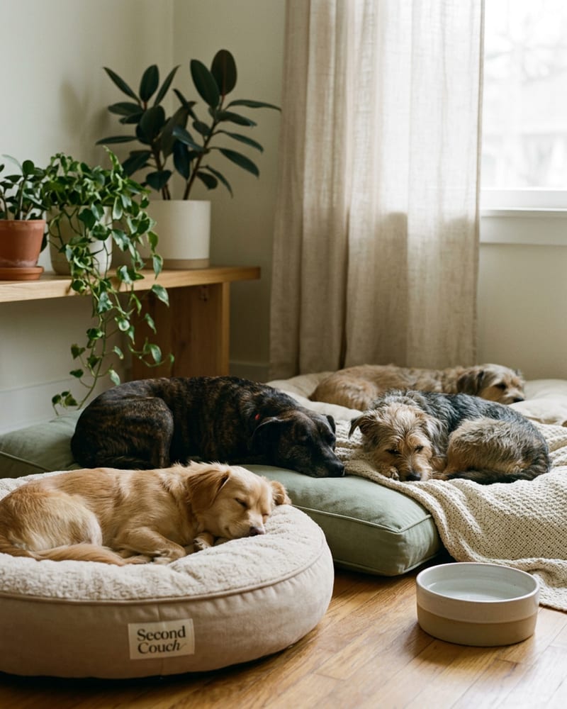 Dogs resting with soft eyes on a worn sofa and a floor cushion in a quiet living room