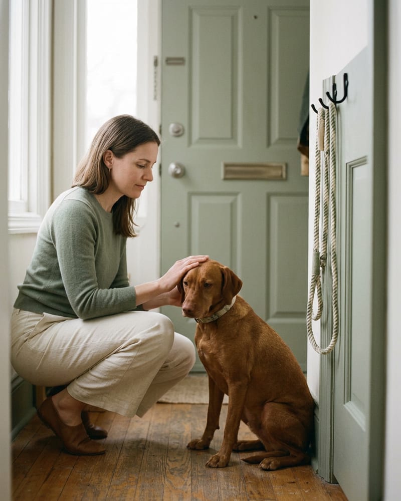 A dog settling in at the entryway of a city home in soft daytime light, a leash on a hook and a folded blanket nearby