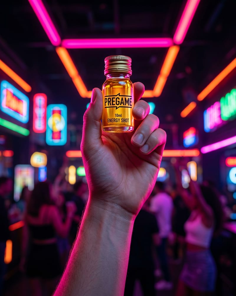 Pregame Shot dietary supplement bottle raised in a neon-lit nightclub before a night out