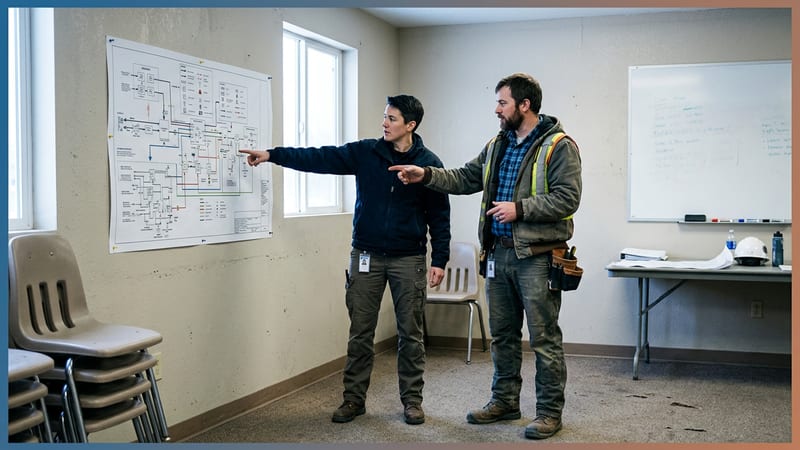 Two engineers standing at a large printed corridor diagram in a plain meeting room, reviewing territorial framework planning material