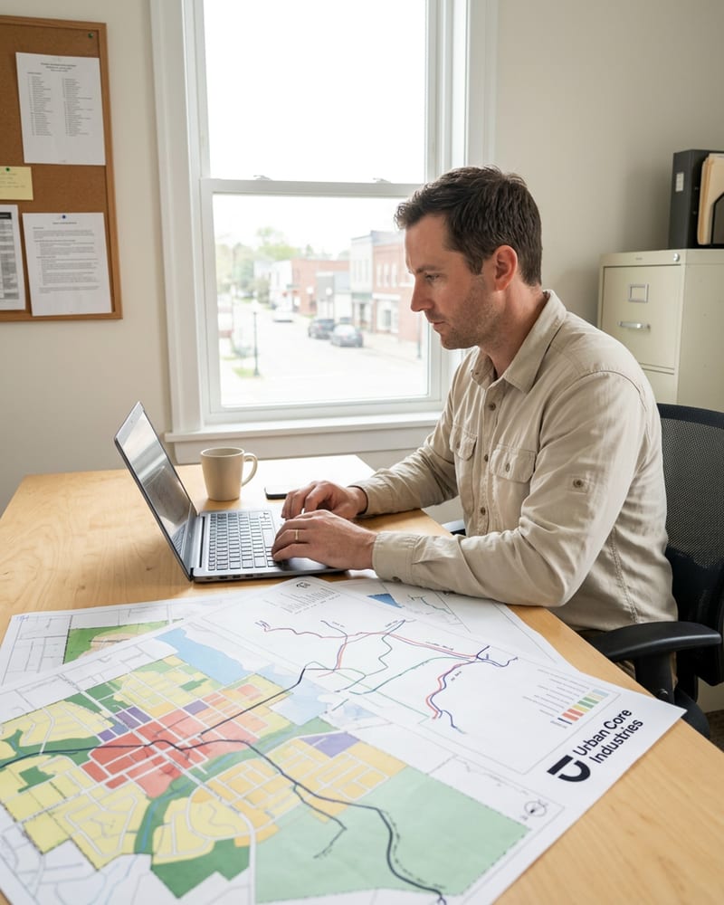 A planner at a desk working through a site plan on paper and screen