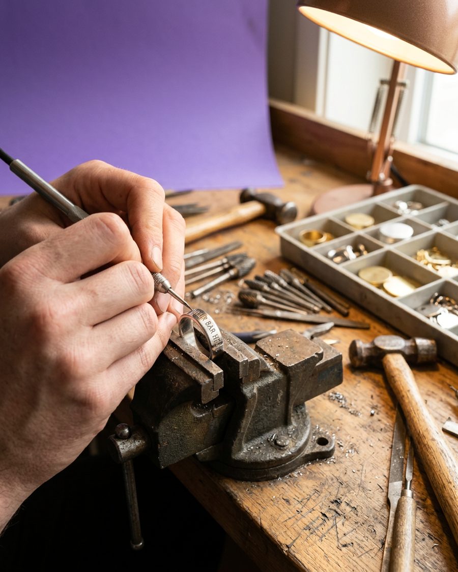 The maker's hands holding a stainless steel bar steady under an engraving tool at the bench