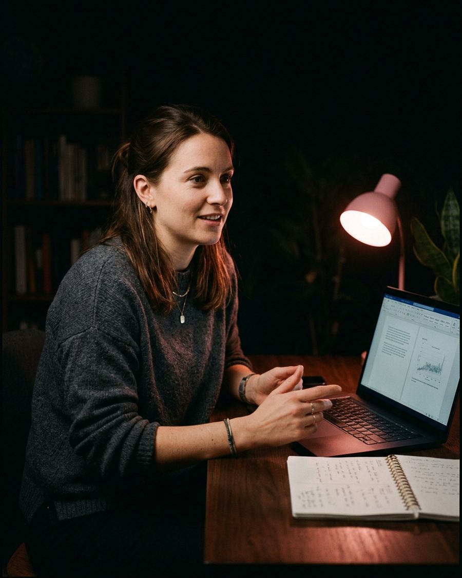 The founder and teacher at her desk in the evening, lamp-lit, with a notebook and laptop open in front of her