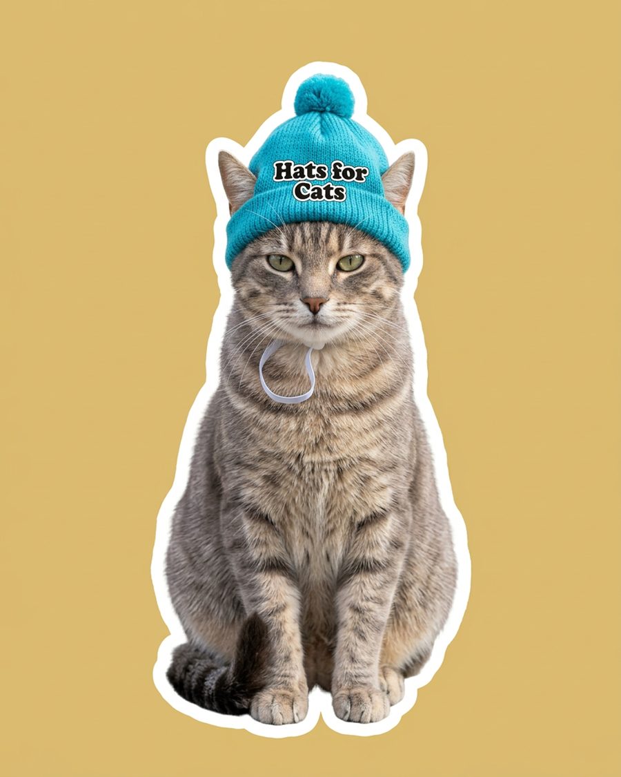 Un chat qui pose avec un petit chapeau doux à sangle élastique, pour la photo de trois secondes