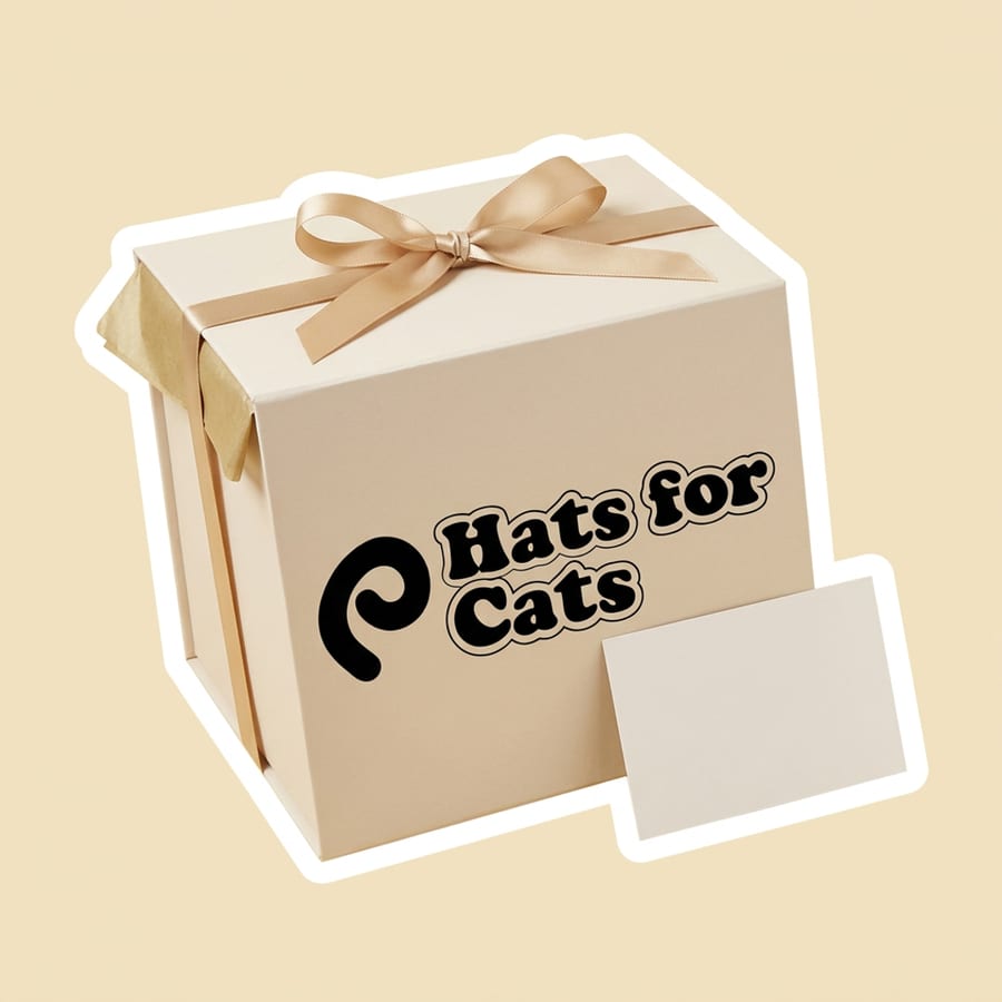 Coffret cadeau Hats for Cats, une boîte pop nouée d'un ruban champagne, du papier de soie qui dépasse et une petite carte posée à côté