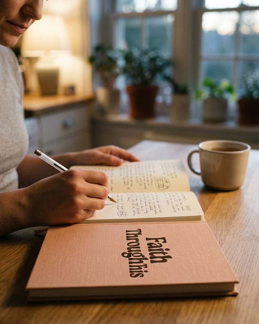 Hands resting over an open prayer journal in soft morning light