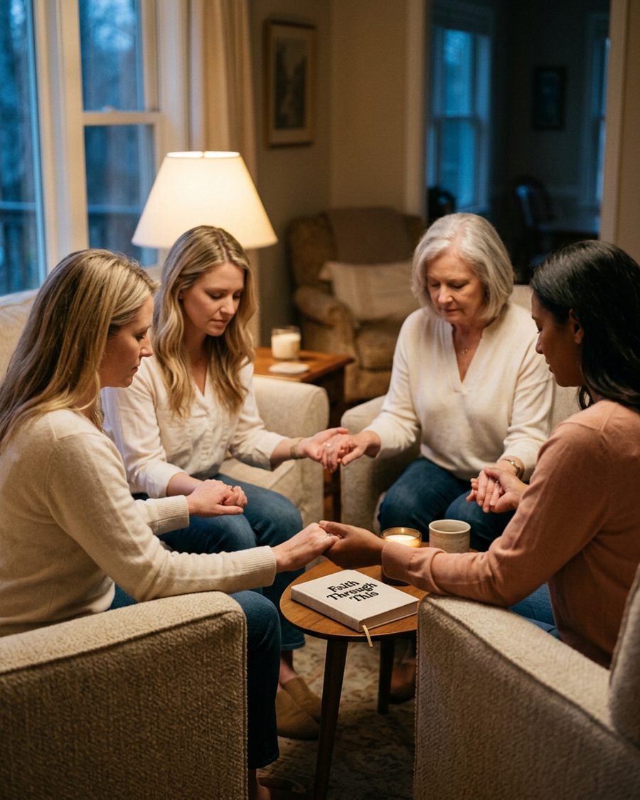 A small circle of women sitting close together, praying and talking quietly in soft natural light