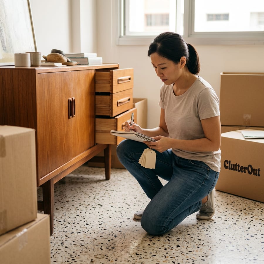 Our sorter at work in a home, with price tags on the furniture and a notebook for the value list