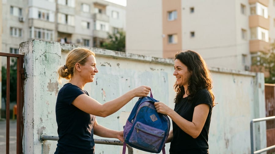 Două mame de vârstă medie schimbă un ghiozdan la poarta unei școli urbane românești, lumină caldă de dimineață