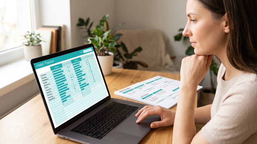 Four Gifted Mind Shop planner templates arranged on a calm desk in soft teal and off-white, showing daily planning, brain dump, habit log, and dopamine menu pages