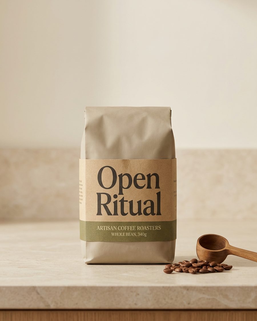 A single Open Ritual coffee bag with a kraft and olive label standing on a kitchen counter