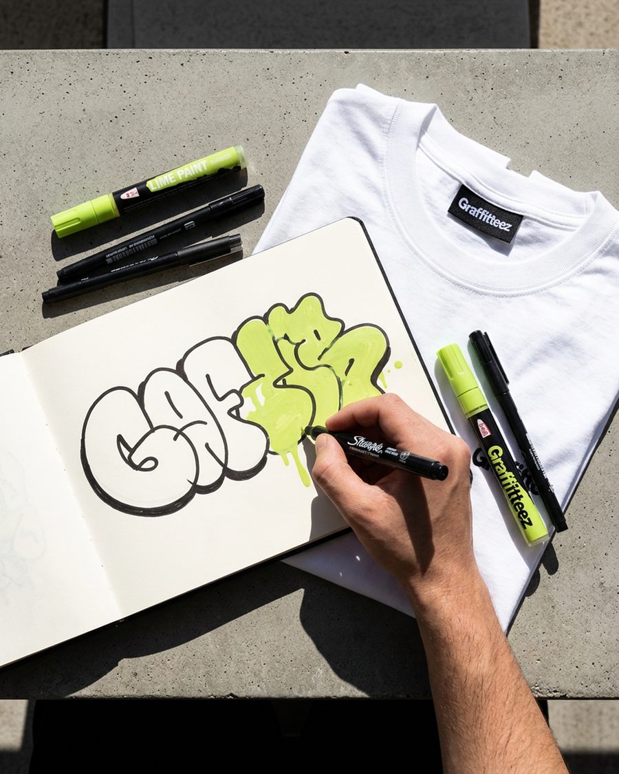 The founder lettering a name by hand in marker, sketchbook open on the table