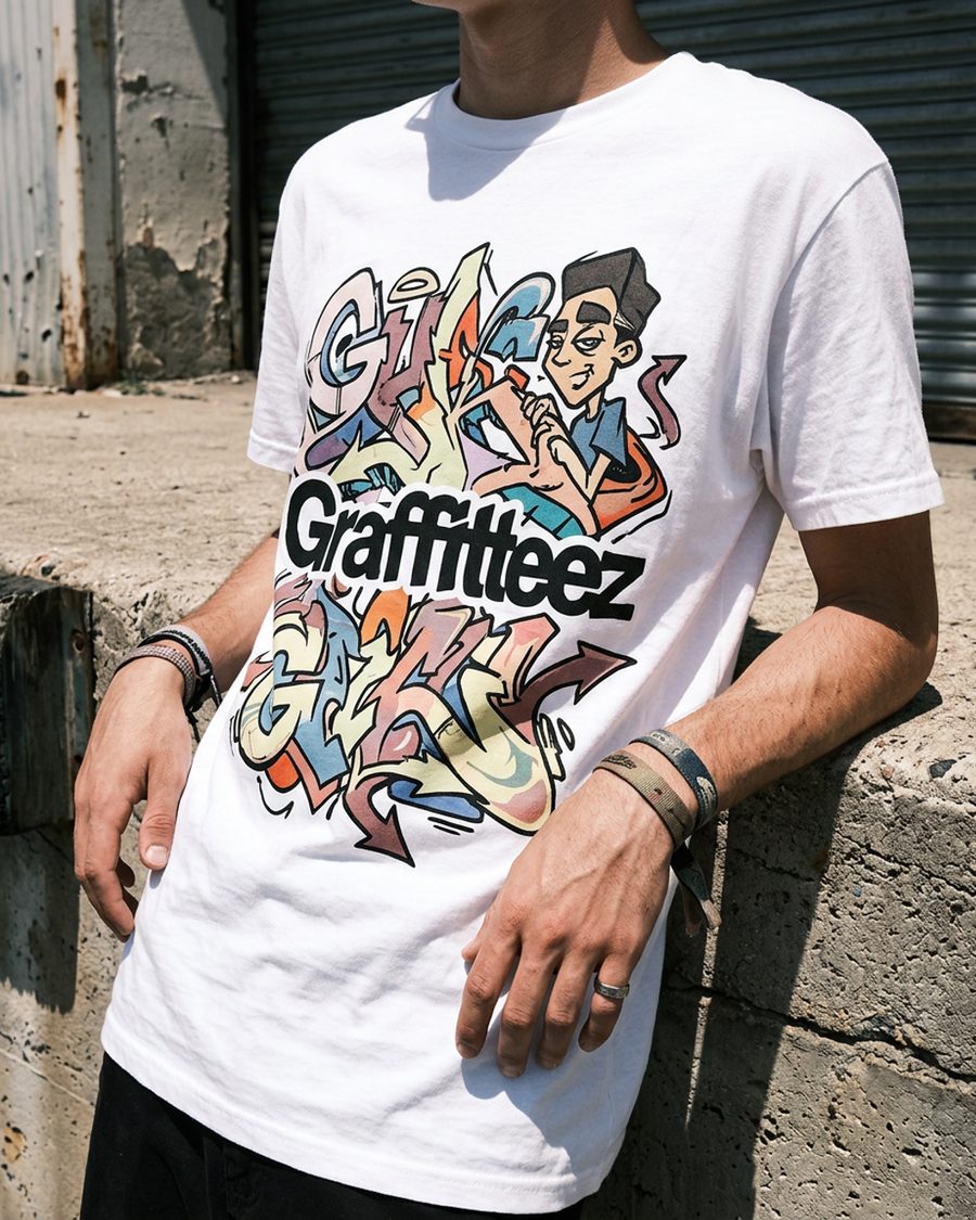 A young person in a white graffiti tee leaning on a concrete ledge in urban daylight
