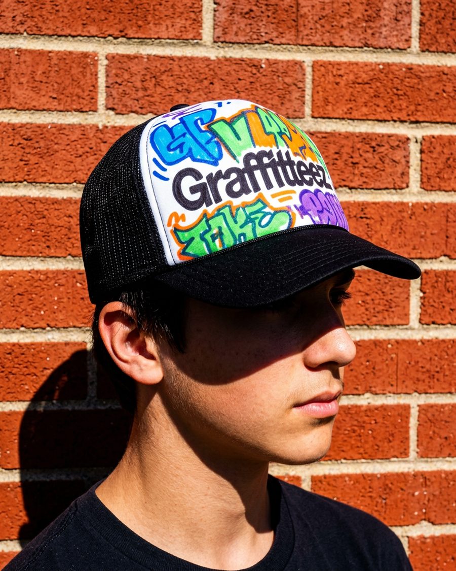 A teen wearing a graffiti trucker hat in front of a brick wall in bright daylight