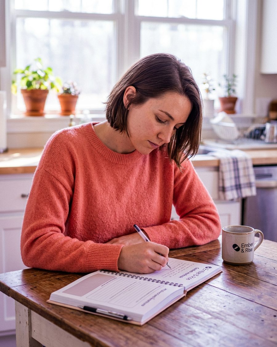 A woman writing in a guided journal at a kitchen table with a cup of tea beside her