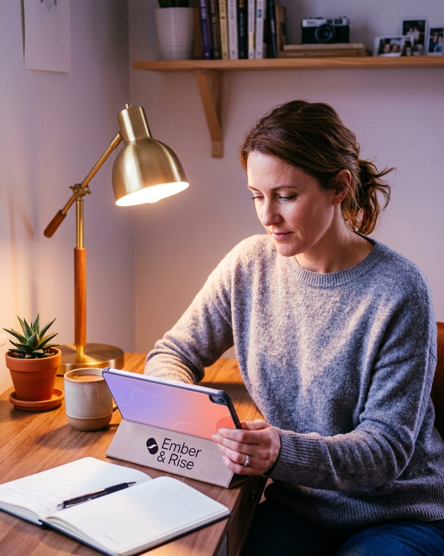 A woman reading her guided workbook on a tablet in a quiet, softly lit room