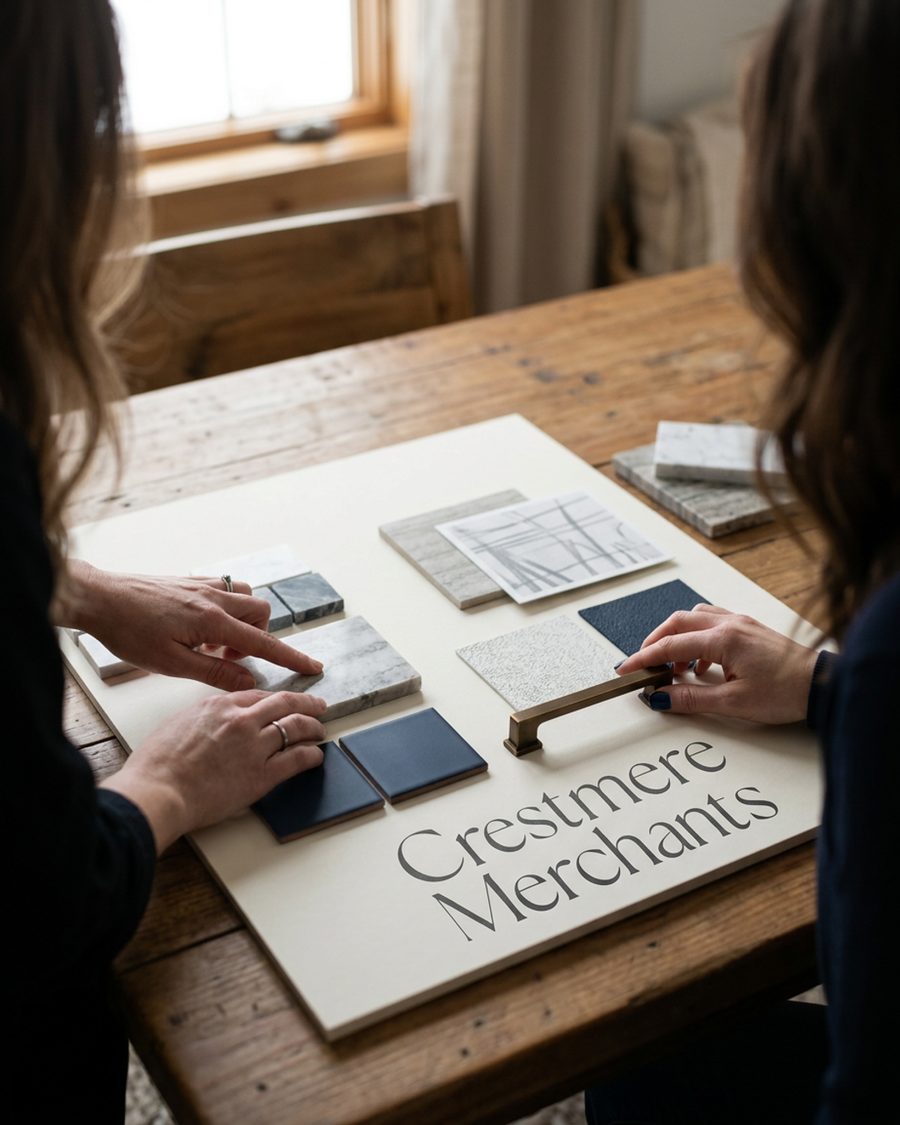 A designer and client reviewing tile and finish samples laid out on a board