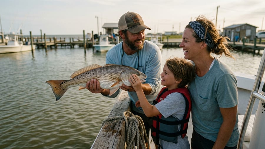 A family standing at the rail of a Gulf Coast charter boat, holding up a fresh catch at golden hour