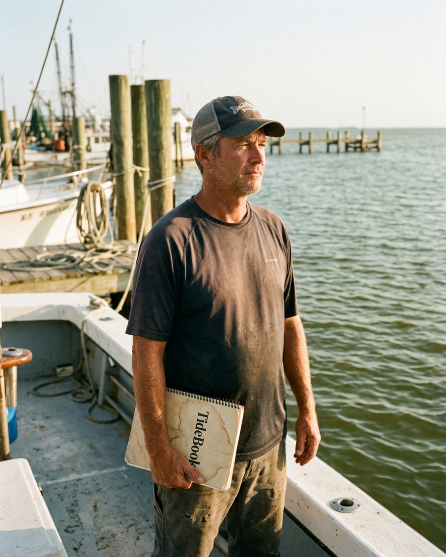 Independent Gulf Coast captain on his charter boat at golden hour