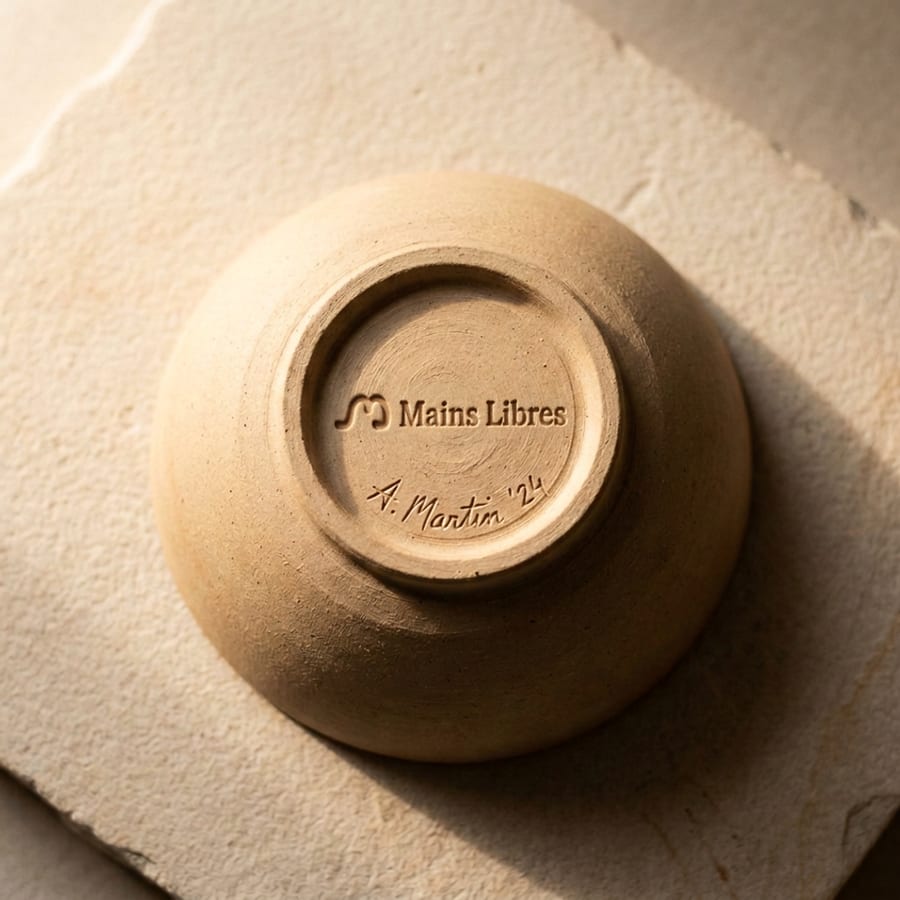 Mains d'un maker façonnant un bol sur un tour de potier, lumière naturelle chaude, ambiance atelier