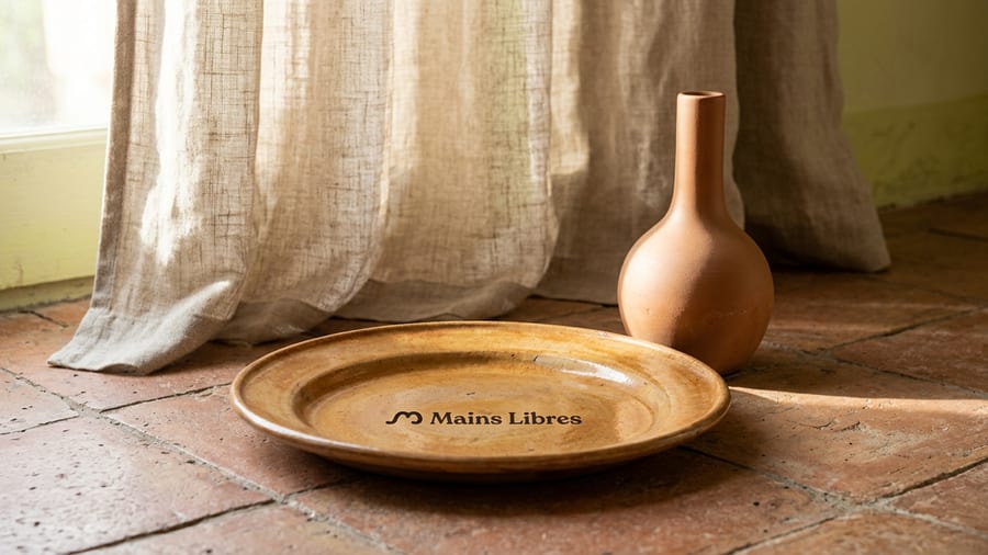 Un vase sculptural en grès à glaçure cendre sur une étagère en bois brut, lumière naturelle matinale