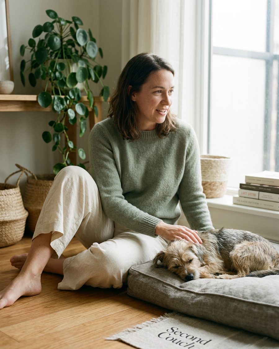 The founder sitting low on the wood floor of her home, letting a calm dog come to her at its own pace