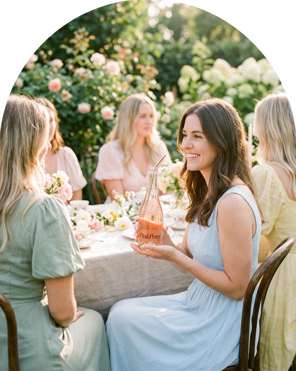 Guests at a bridal shower, each holding her own PinkPony bottle in soft light