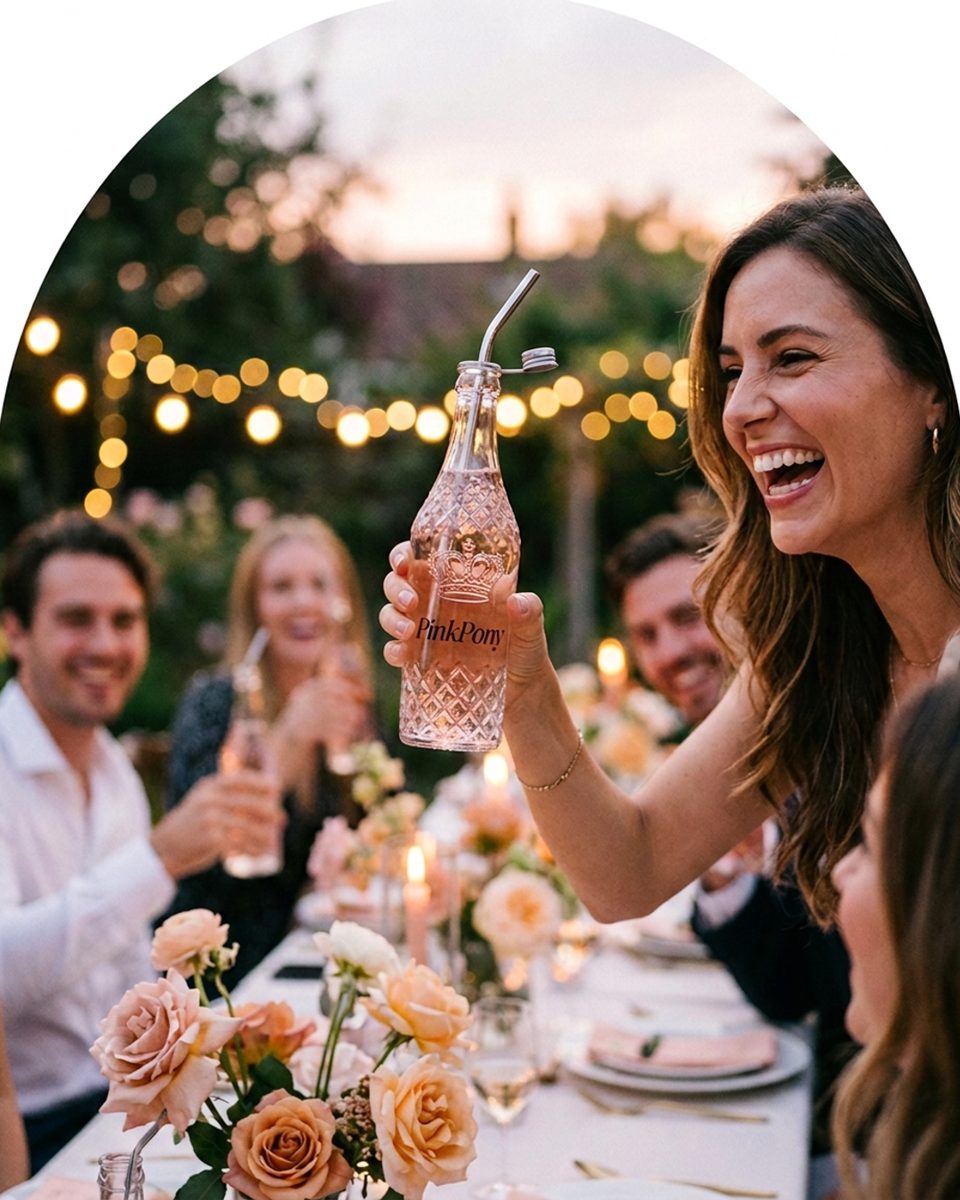 A birthday celebration with PinkPony bottles raised in a toast