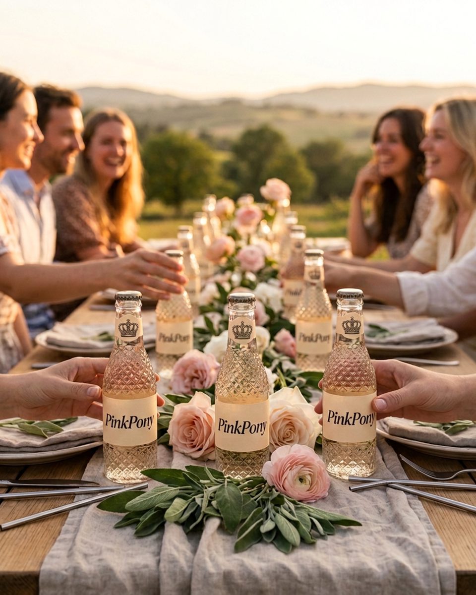 A long dinner table set with a PinkPony bottle at each place for girls' night