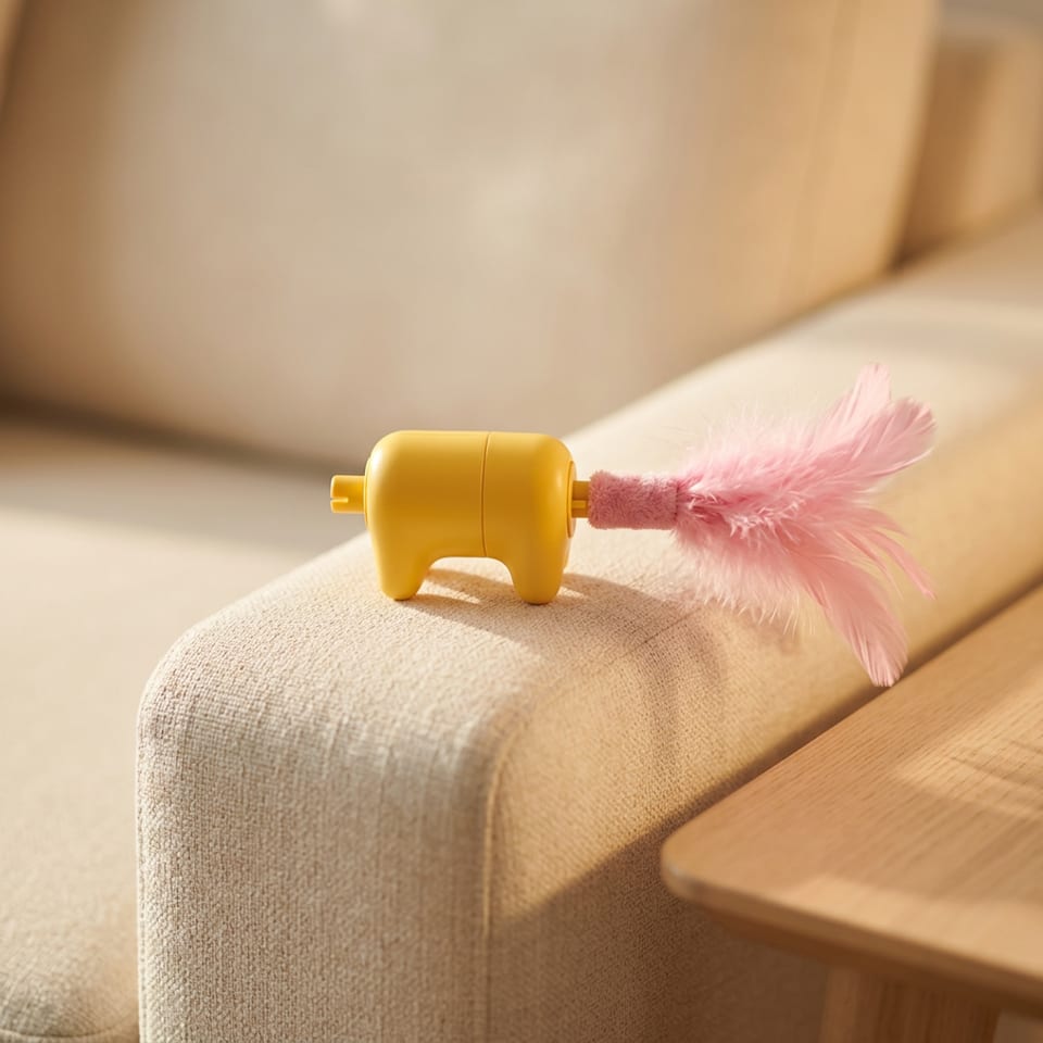 The toy body fitted with a tail refill module on a sunlit living-room floor