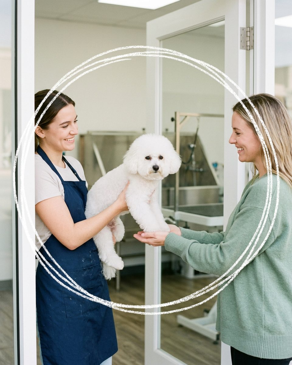 A freshly groomed dog waiting calmly at the salon door for its owner.