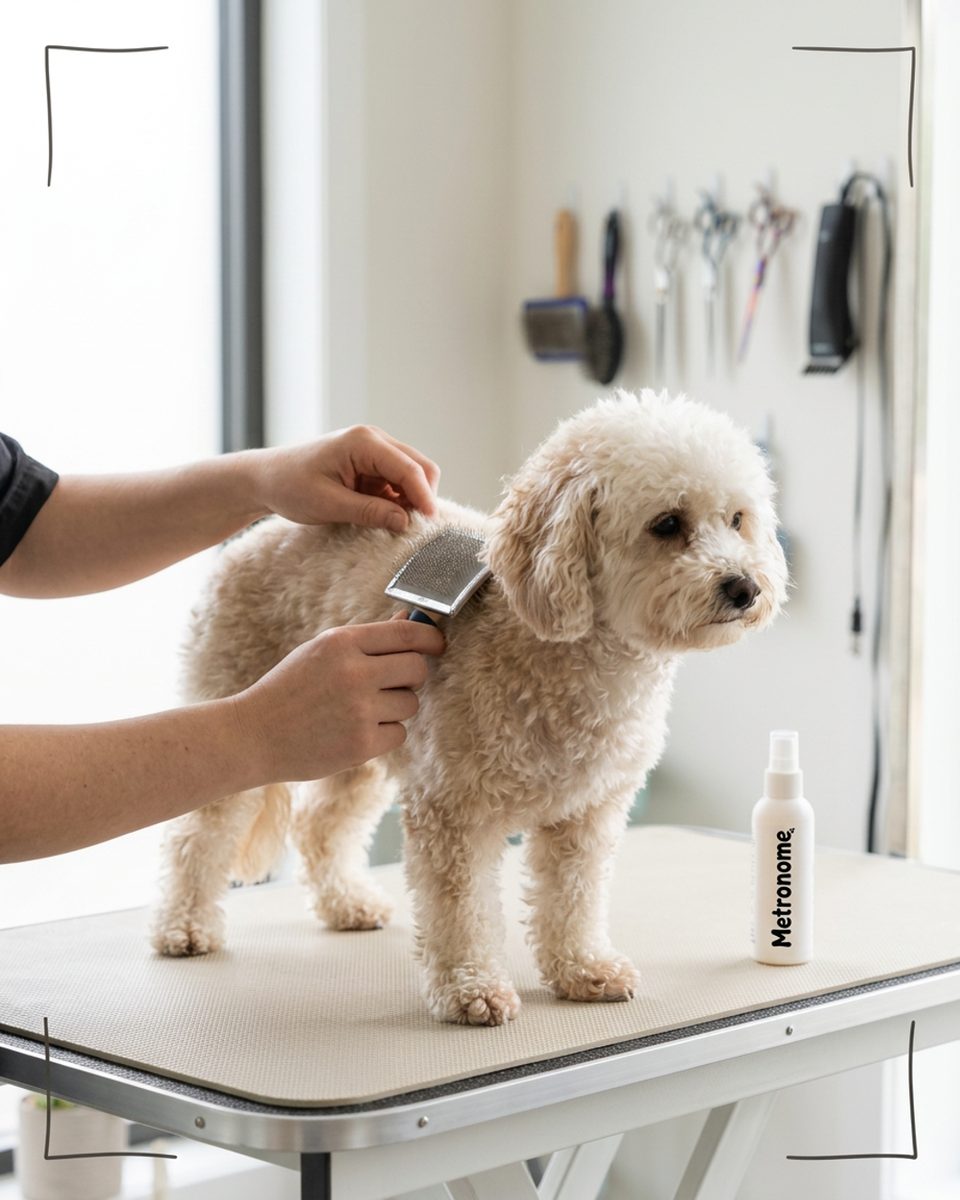A dog being handed over at the salon counter, ready for its groom.