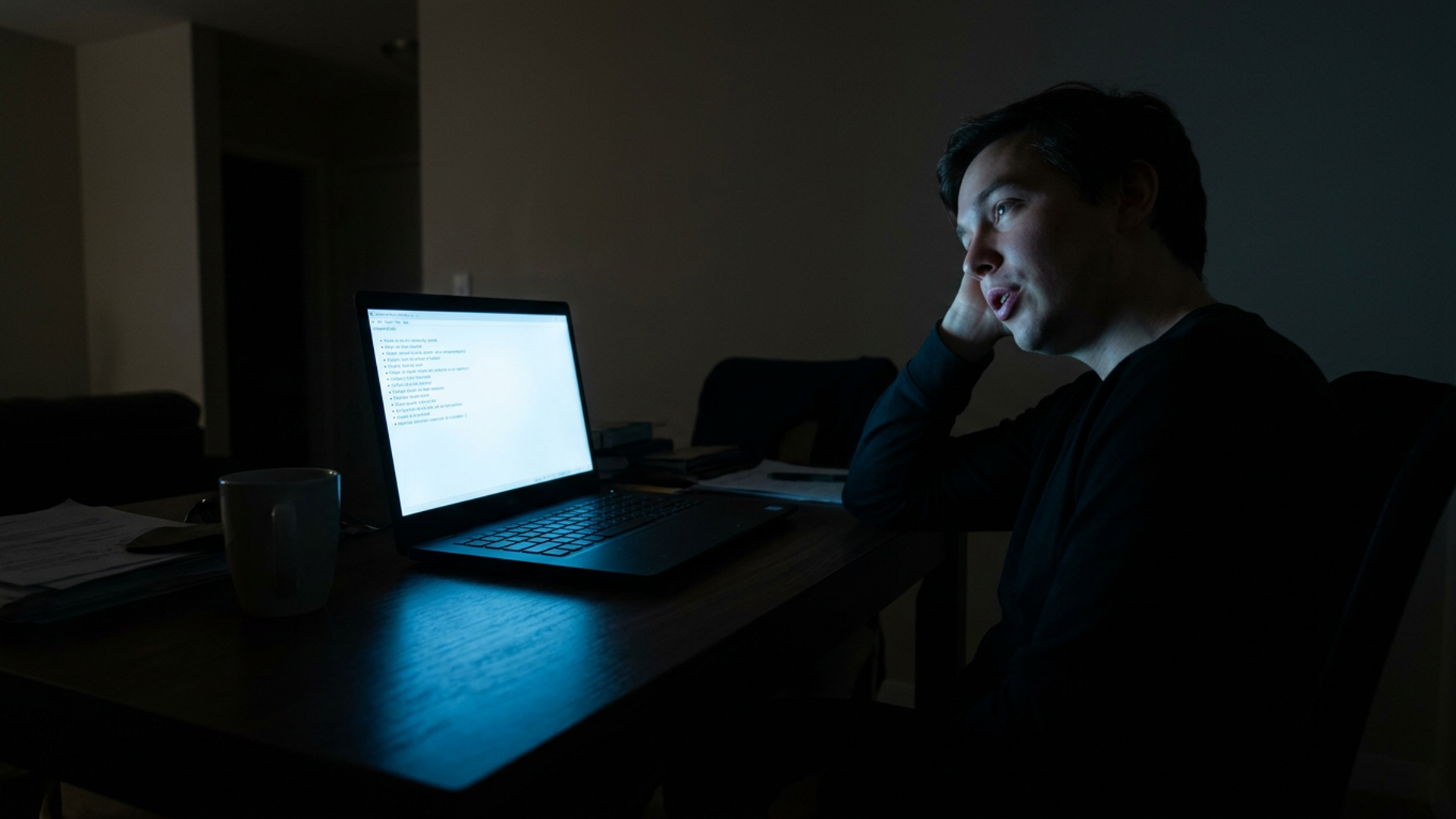A calm, dark workspace at night — desk with soft blue light, minimal and focused
