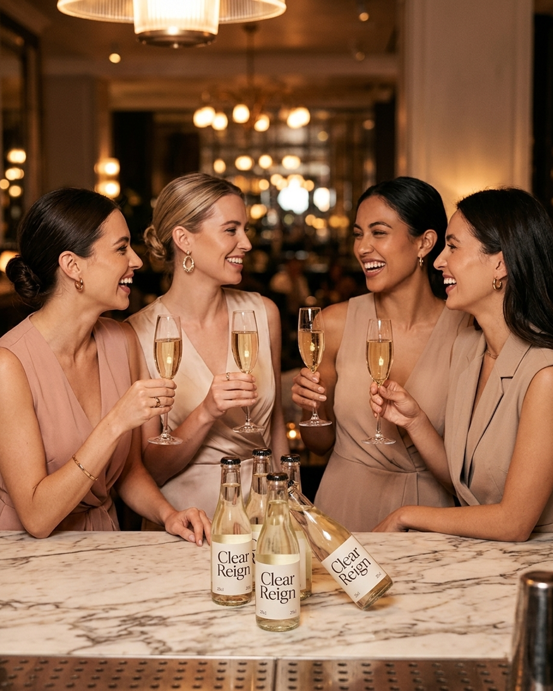 A bachelorette gathering with women laughing and holding Clear Reign bottles and flutes in a warmly lit, decorated event space