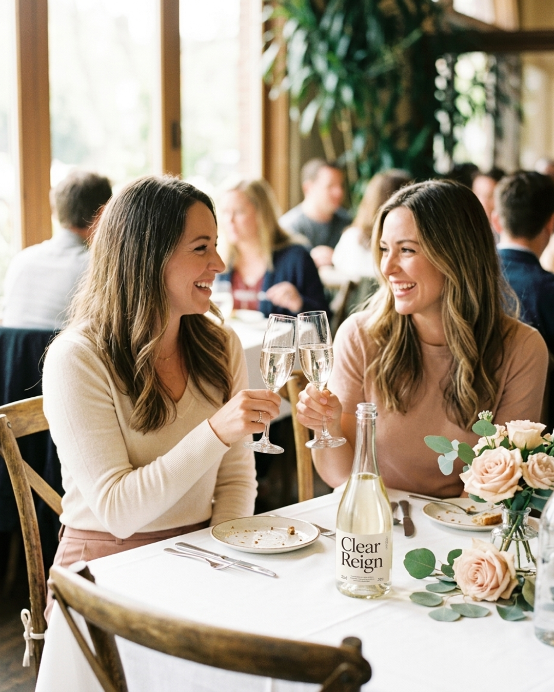 A group of women at a birthday brunch clinking Clear Reign flutes over a table of flowers and brunch plates in warm natural light