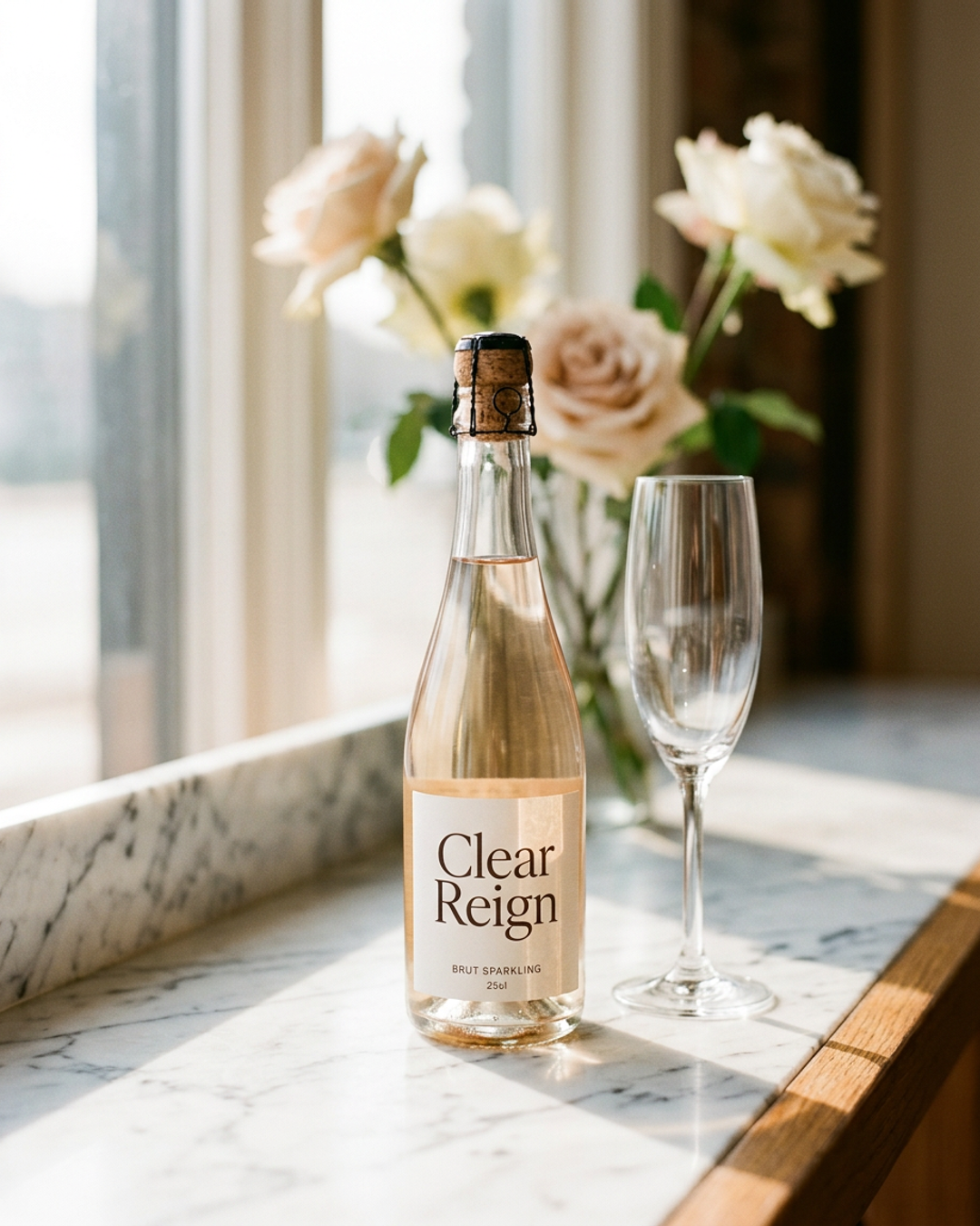 Clear Reign Brut Sparkling bottles styled on a marble surface with champagne flutes in natural light