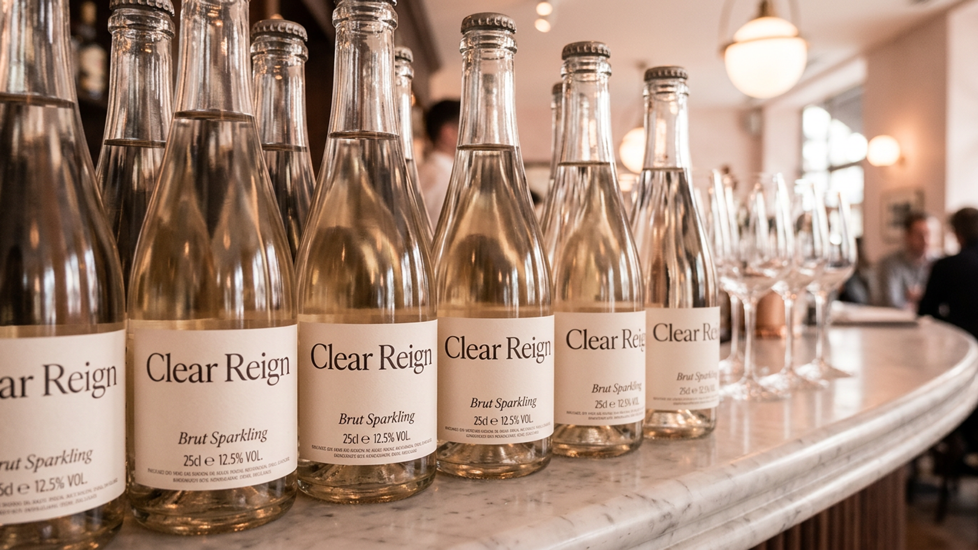 Clear Reign Brut Sparkling bottles arranged on a venue display table, ready for guests