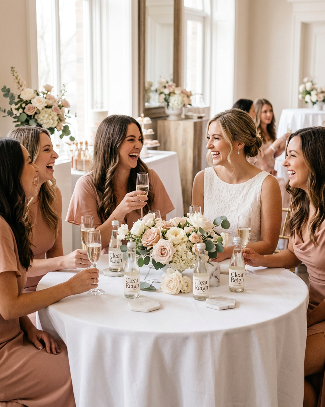 Two women in white dresses toasting with Clear Reign Brut Sparkling at a bridal shower table set with florals and champagne flutes