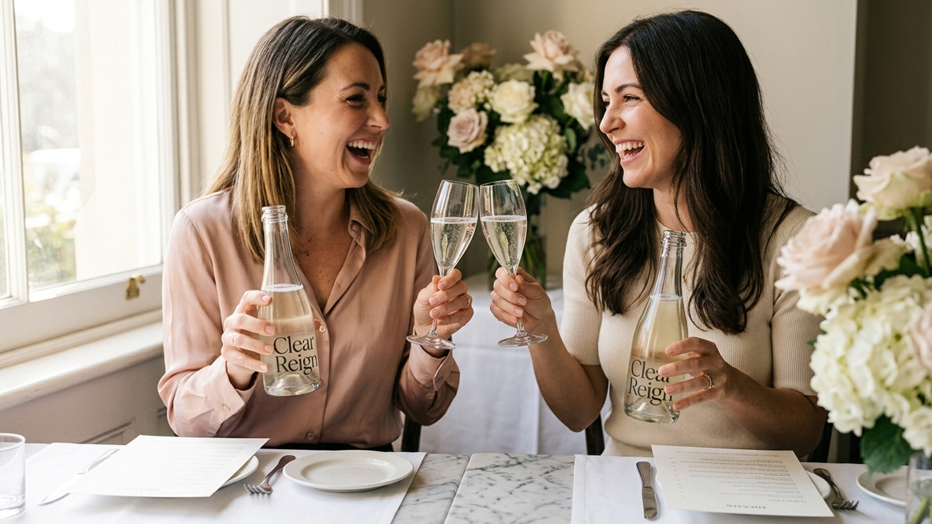 A champagne flute filled with Clear Reign Brut Sparkling beside the bottle on a marble surface, soft blush light