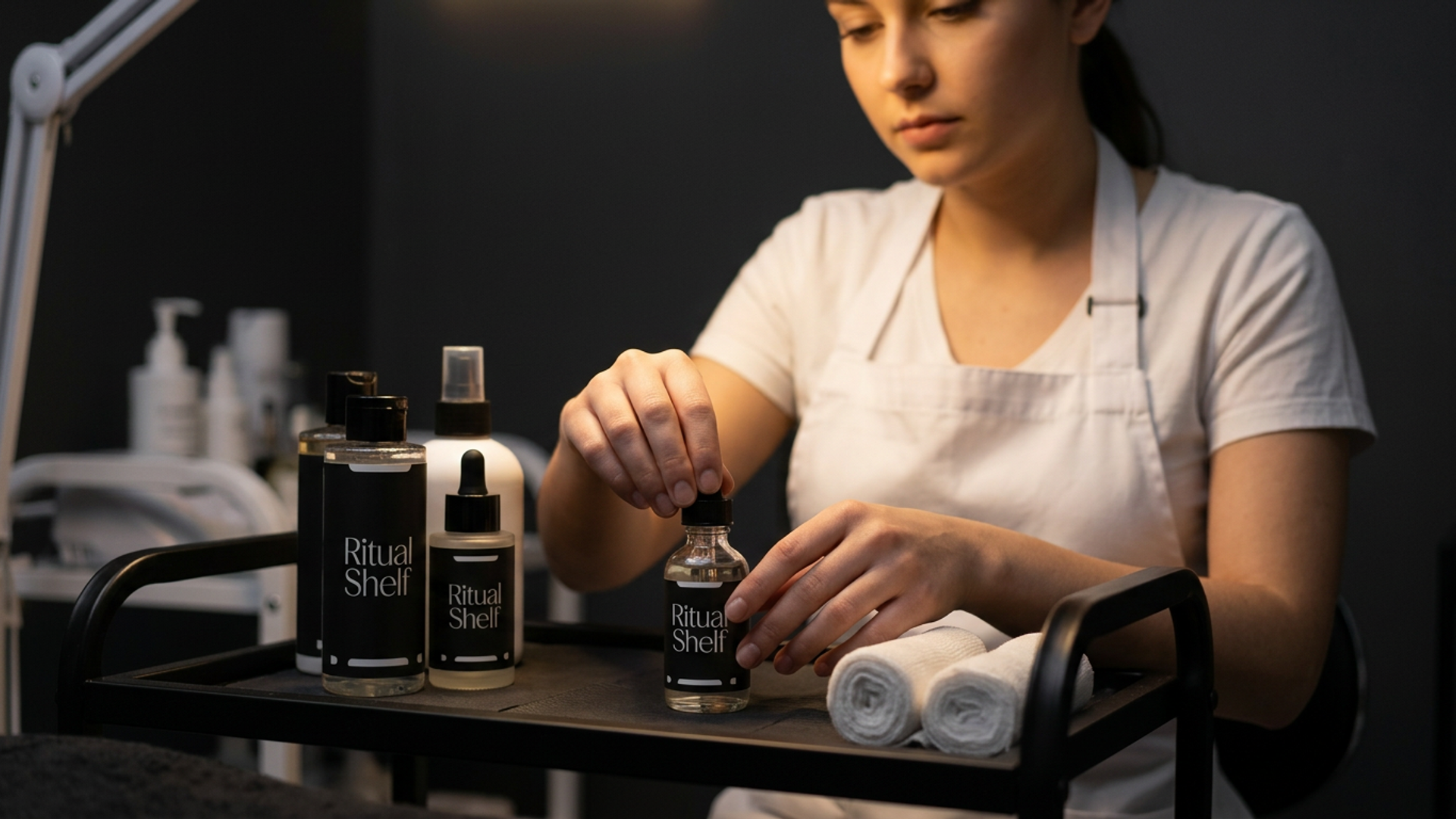 Esthetics student working at a treatment tray with professional skincare products