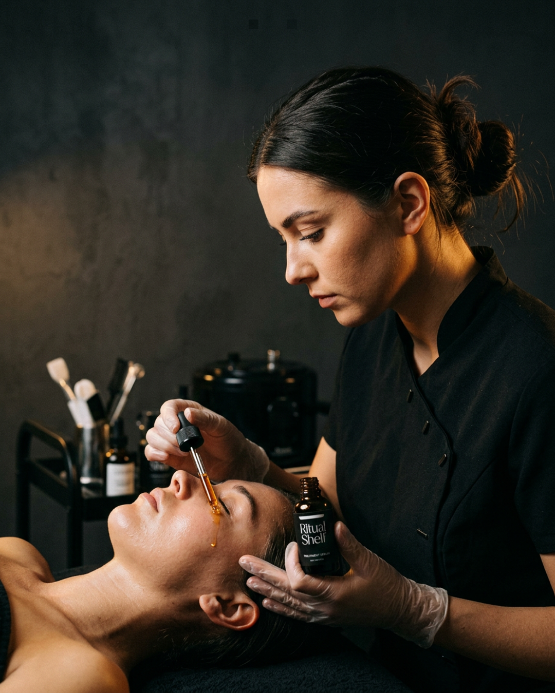 An esthetics student at a treatment tray, working with professional-grade skincare products under directional studio light