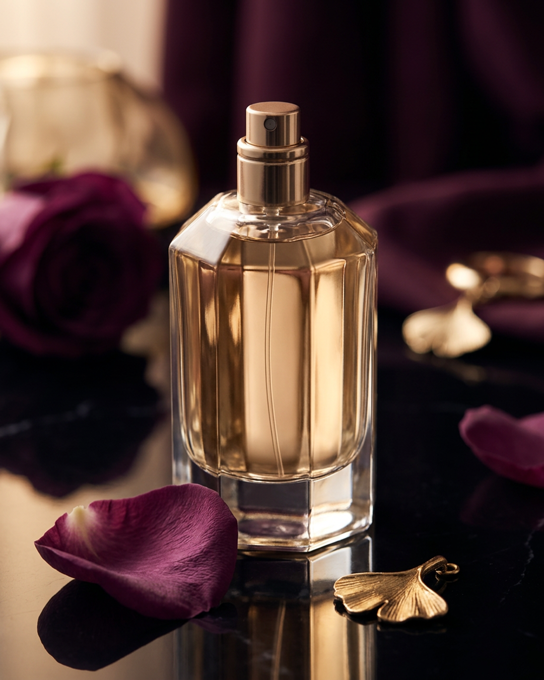 Vixenne Signature EDP bottle on a dark reflective surface with warm amber studio light and champagne-gold highlight