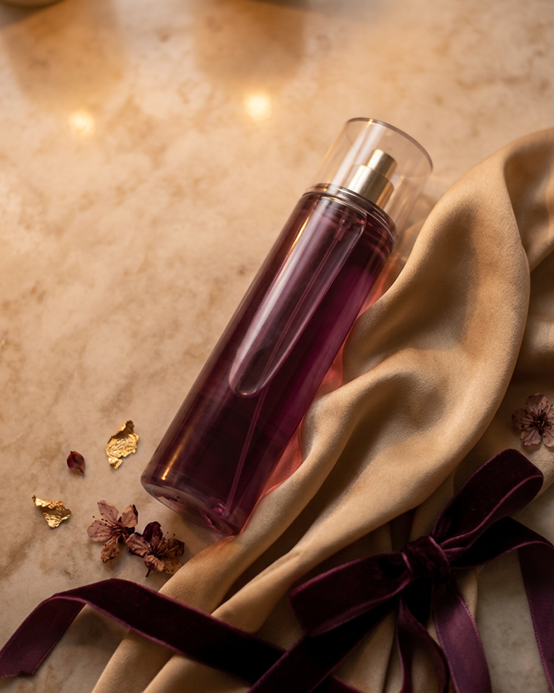 Vixenne Signature Fragrance Mist resting on warm marble with champagne-gold ribbon and rose petal