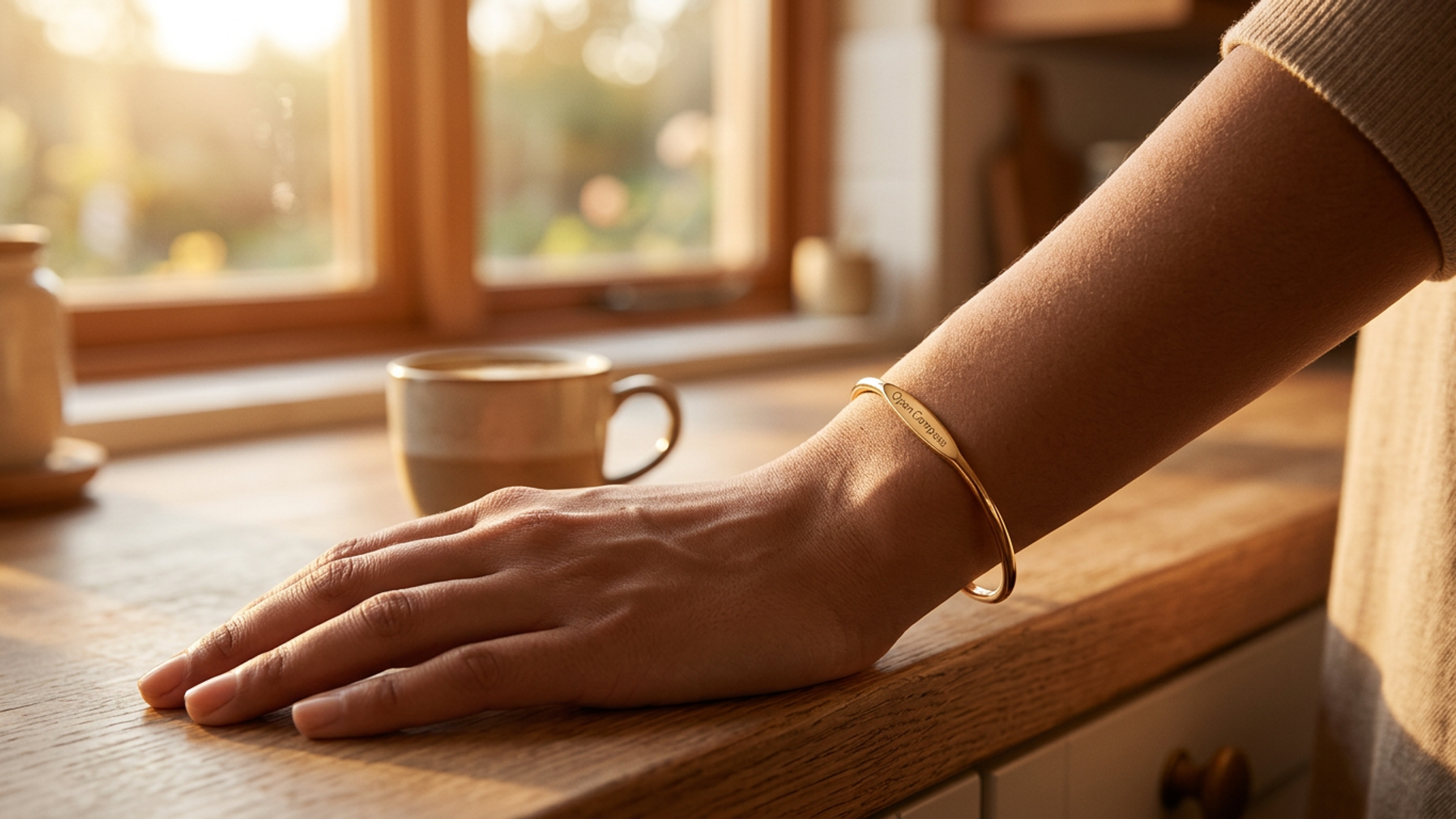 The Compass Band and Compass Pendant worn together, warm metal tones against skin